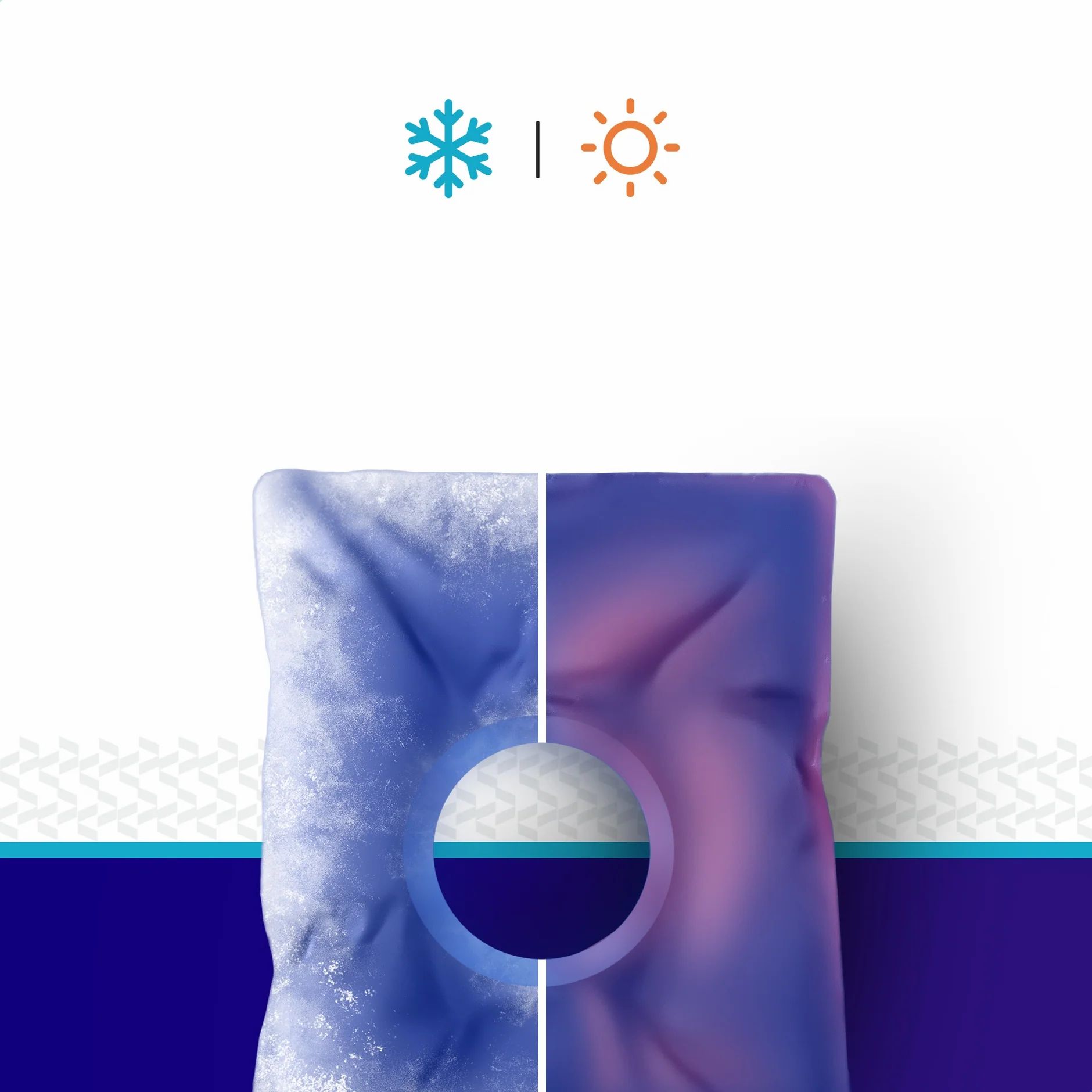 Gelpack bleu avec trou blanc. Symboles froid et chaud en haut. Moitié gelée, moitié liquide.