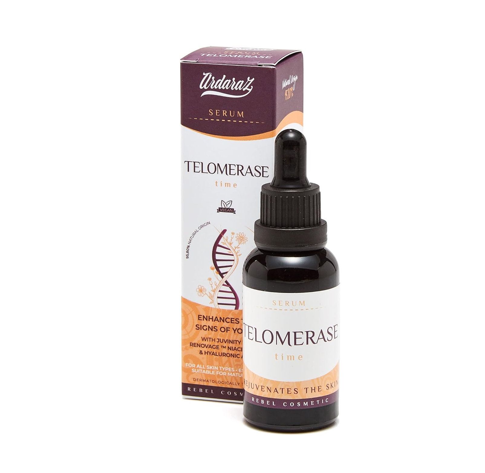 Flacon de sérum et emballage. Inscription : Ardaraz Serum Telomerase. Flacon avec compte-gouttes.