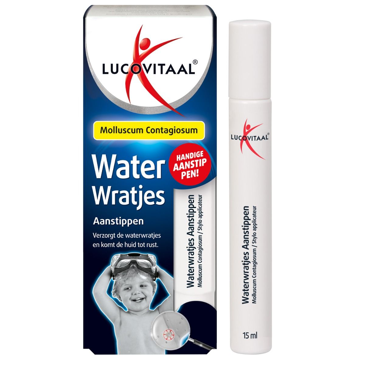 Product en verpakking. Opschrift: Lucovitaal, Water Wratjes, Molluscum Contagiosum. Bevat een pen-applicator.