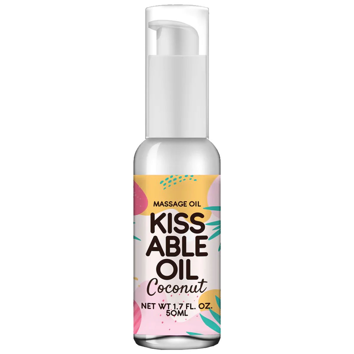 Flesje lichaamsolie met pomp. Opschrift: Massage Oil, Kissable Oil, Coconut. Bloemenmotief. Netto inhoud 1,7 fl. oz. / 50 ml.