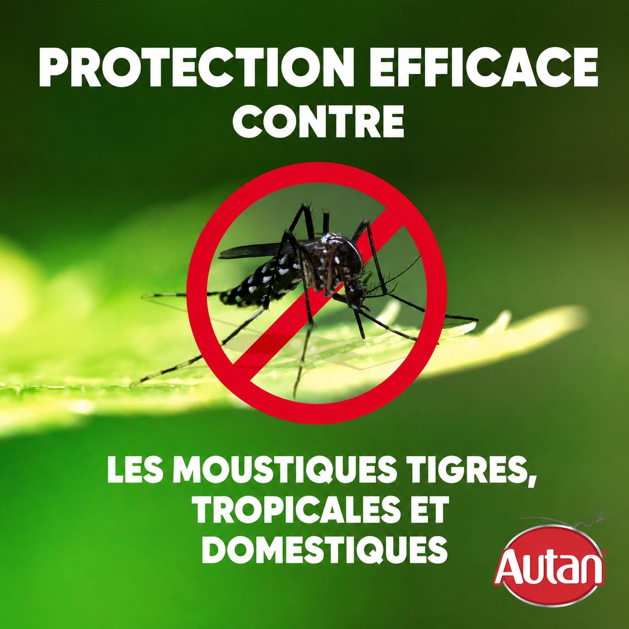 Un moustique dans un cercle rouge barré. "Protection efficace contre les moustiques tigres, tropicaux et domestiques". Logo Autan.