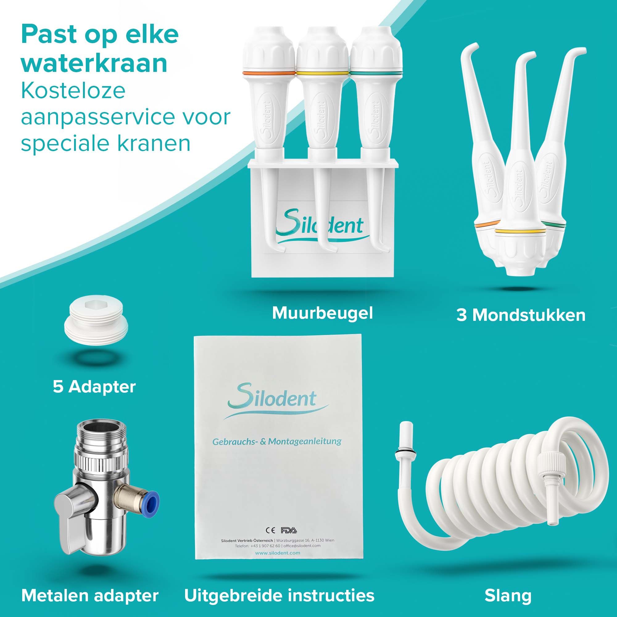 Vrouw gebruikt monddouche. Close-up toont tanden en waterstraal. Tekst "Gezondere tanden".