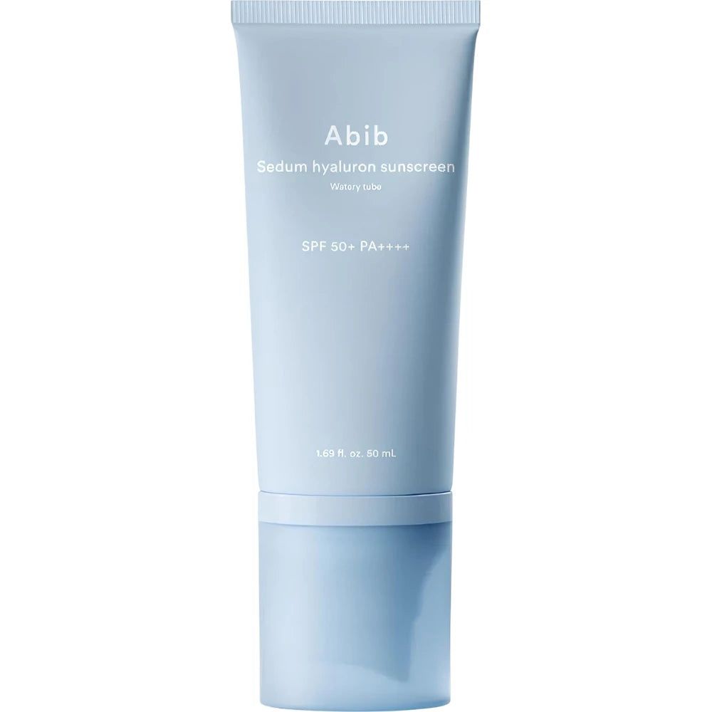 Abib Sedum Hyaluron zonnebrandcrème in een lichtblauwe tube met witte opdruk. SPF 50+ PA++++.
