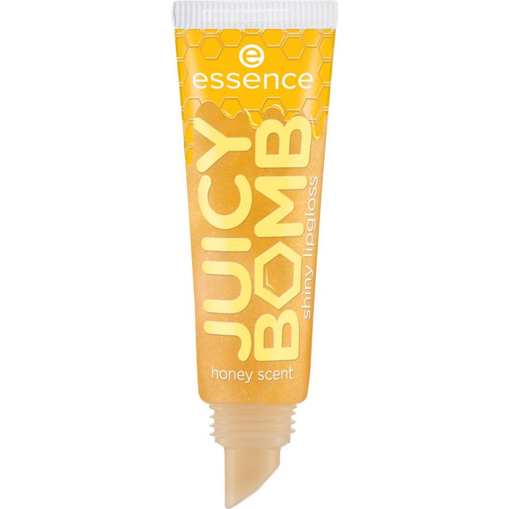 Gloss à lèvres Juicy Bomb Shiny Essence. Tube jaune avec motif miel. Inscription: Juicy Bomb, shiny lipgloss, honey scent. Applicateur visible.