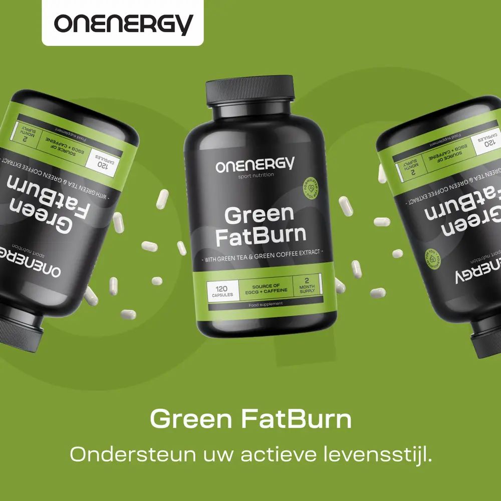 Drie OnEnergy Green FatBurn flessen op groene achtergrond.