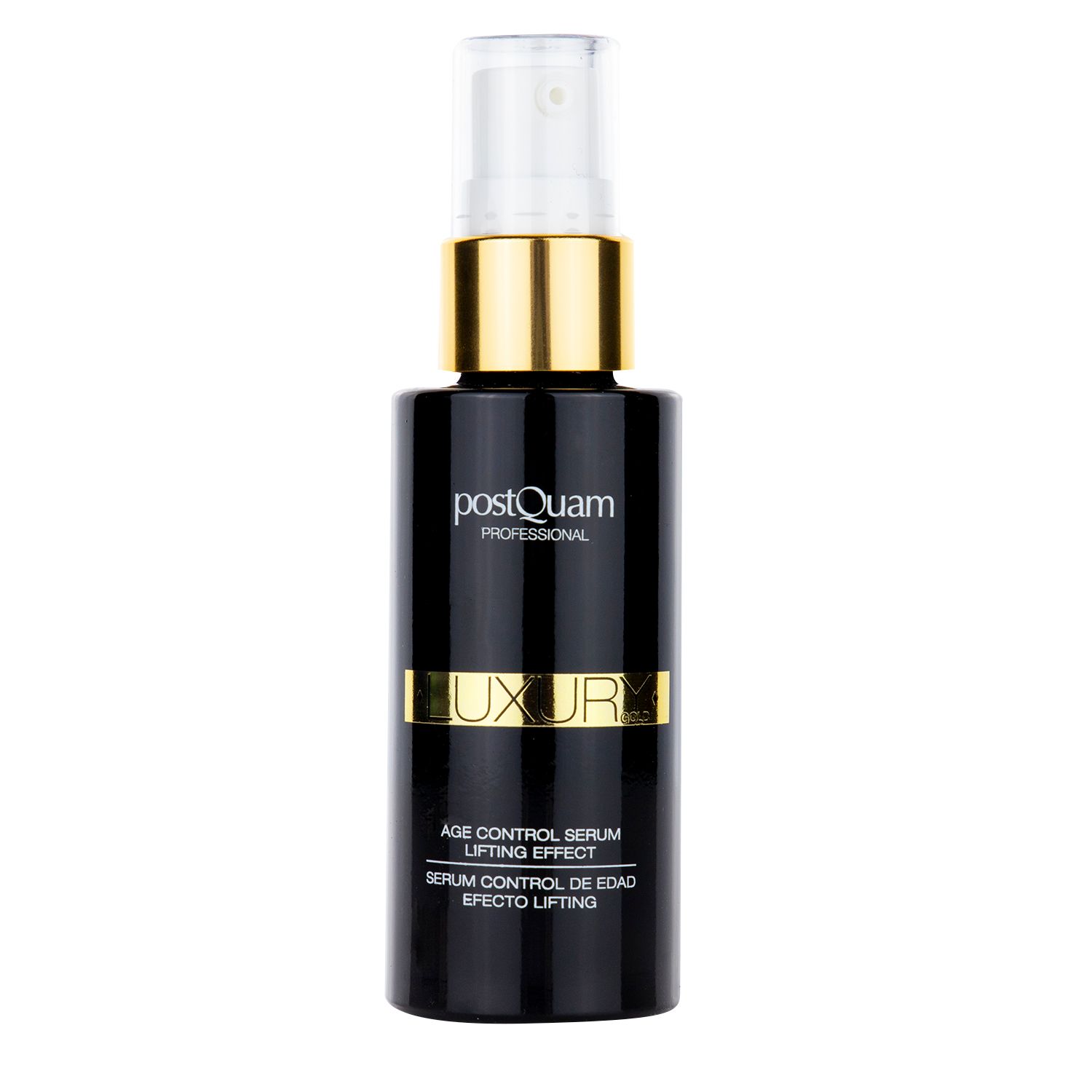Flacon noir avec détails dorés. Inscriptions: Postquam, Luxury, Age Control Serum, Lifting Effect.