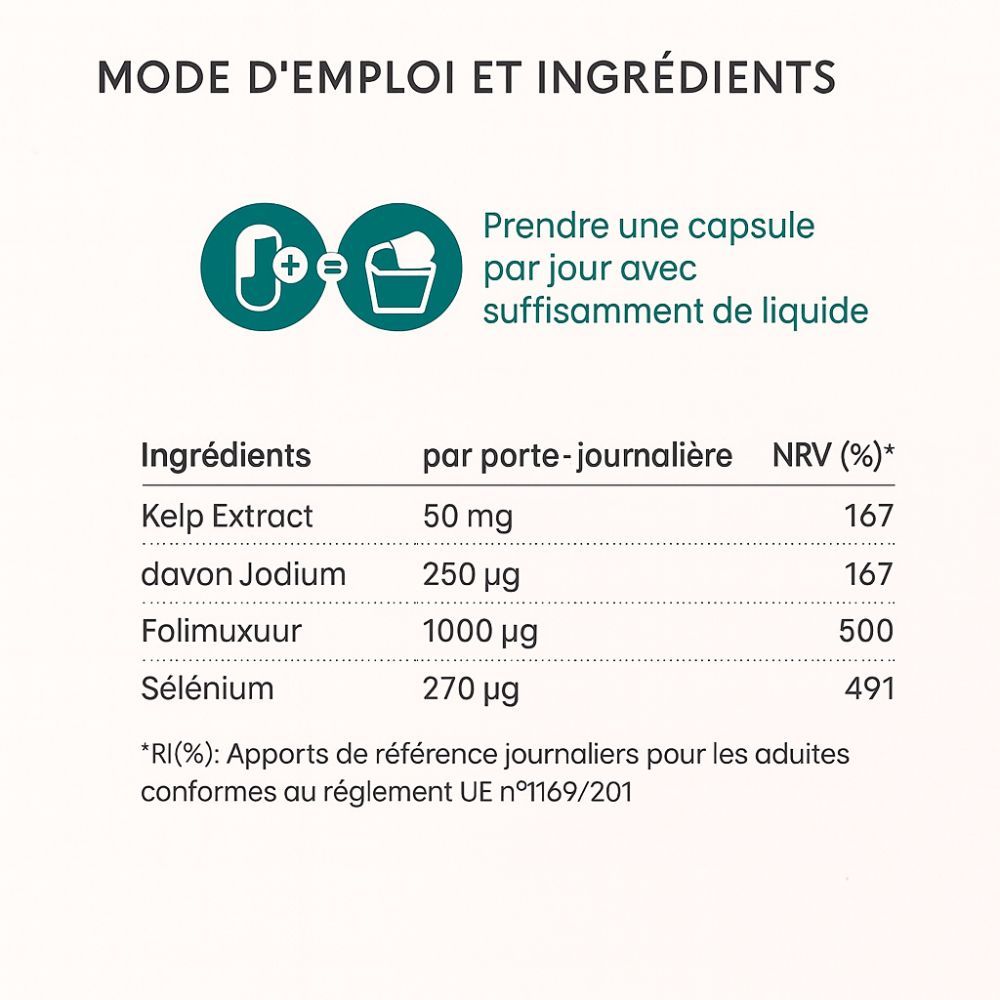 Mode d'emploi: Prendre une capsule par jour avec du liquide. Tableau avec ingrédients et dosage.