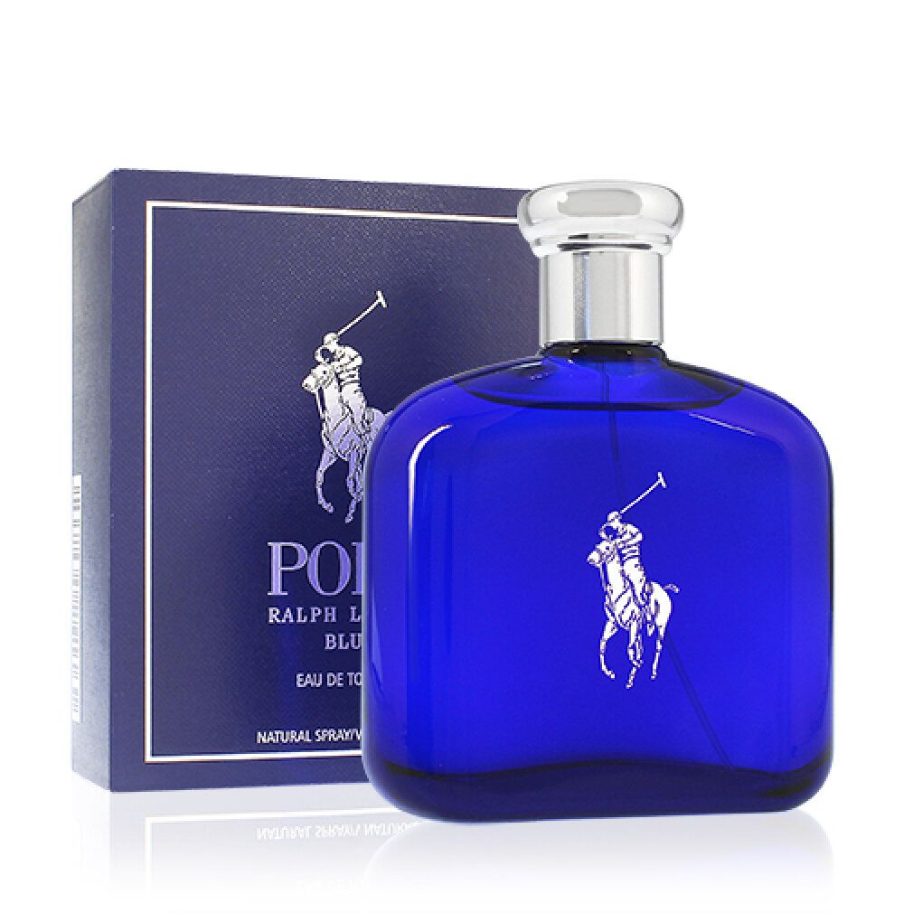 Flacon de parfum bleu avec bouchon argenté et emballage rectangulaire. Inscription : POLO RALPH LAUREN BLUE.
