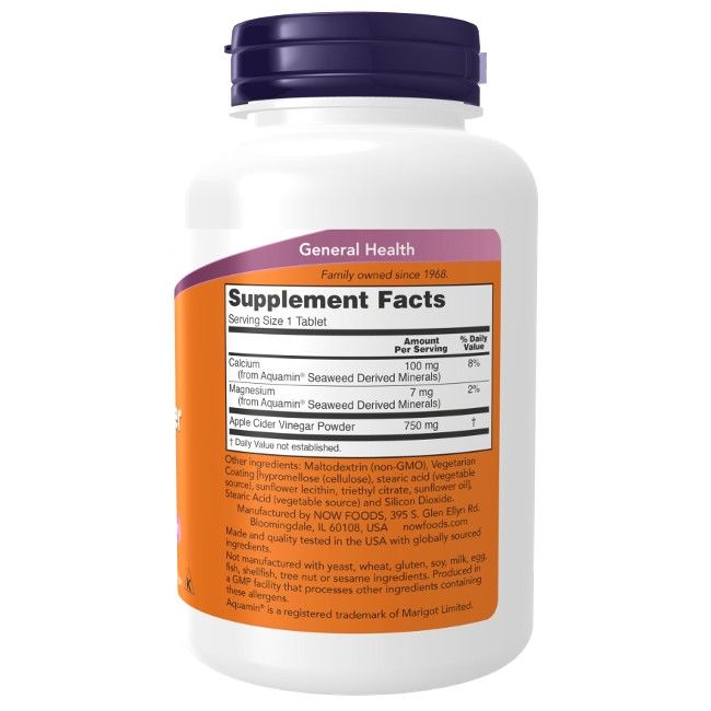 Witte fles met paarse dop. Label met "Supplement Facts" en ingrediënten. "Apple Cider Vinegar Powder" 750 mg.