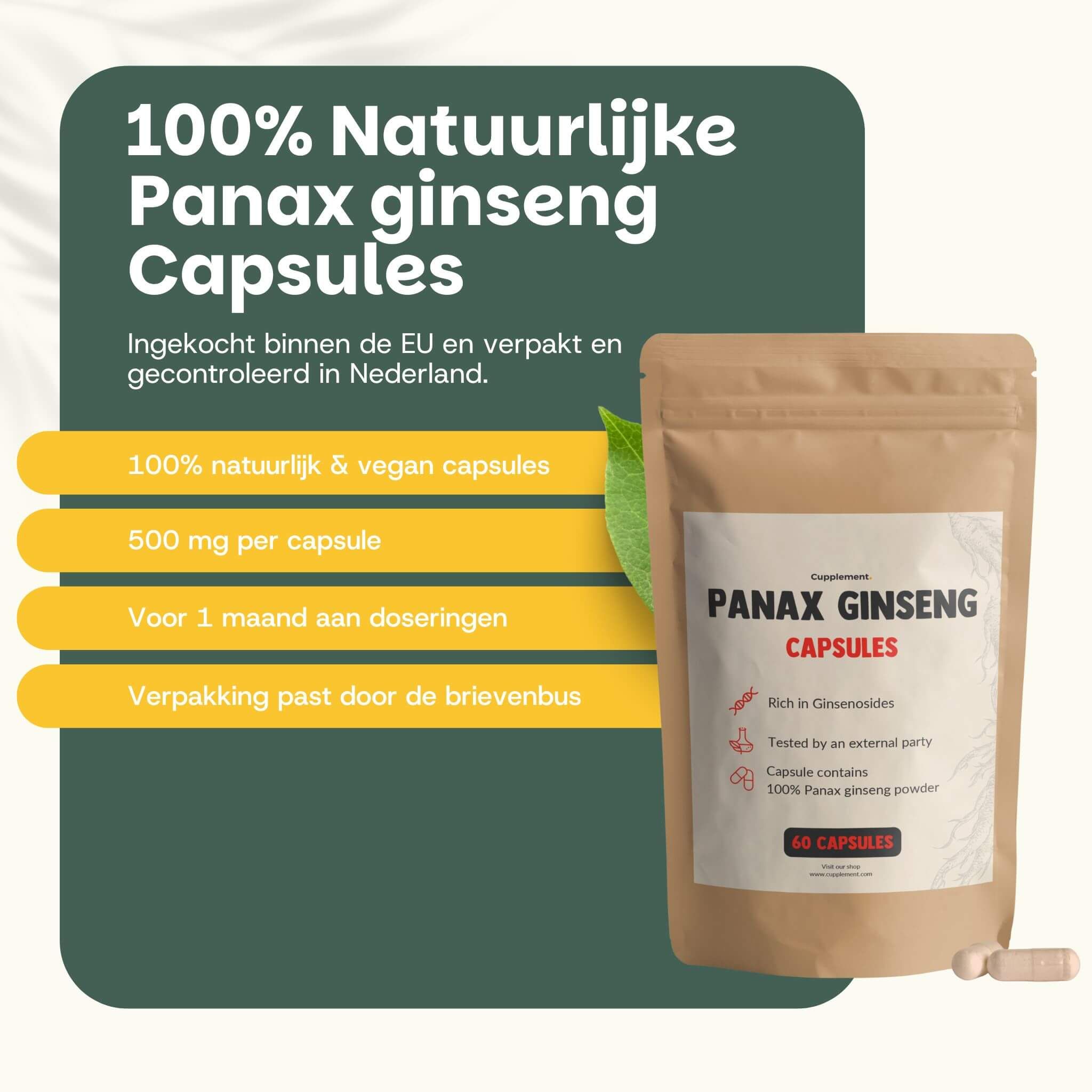 Bruine zak met tekst PANAX GINSENG CAPSULES. Bevat 60 capsules. Tekst: 100% natuurlijke & vegan capsules.
