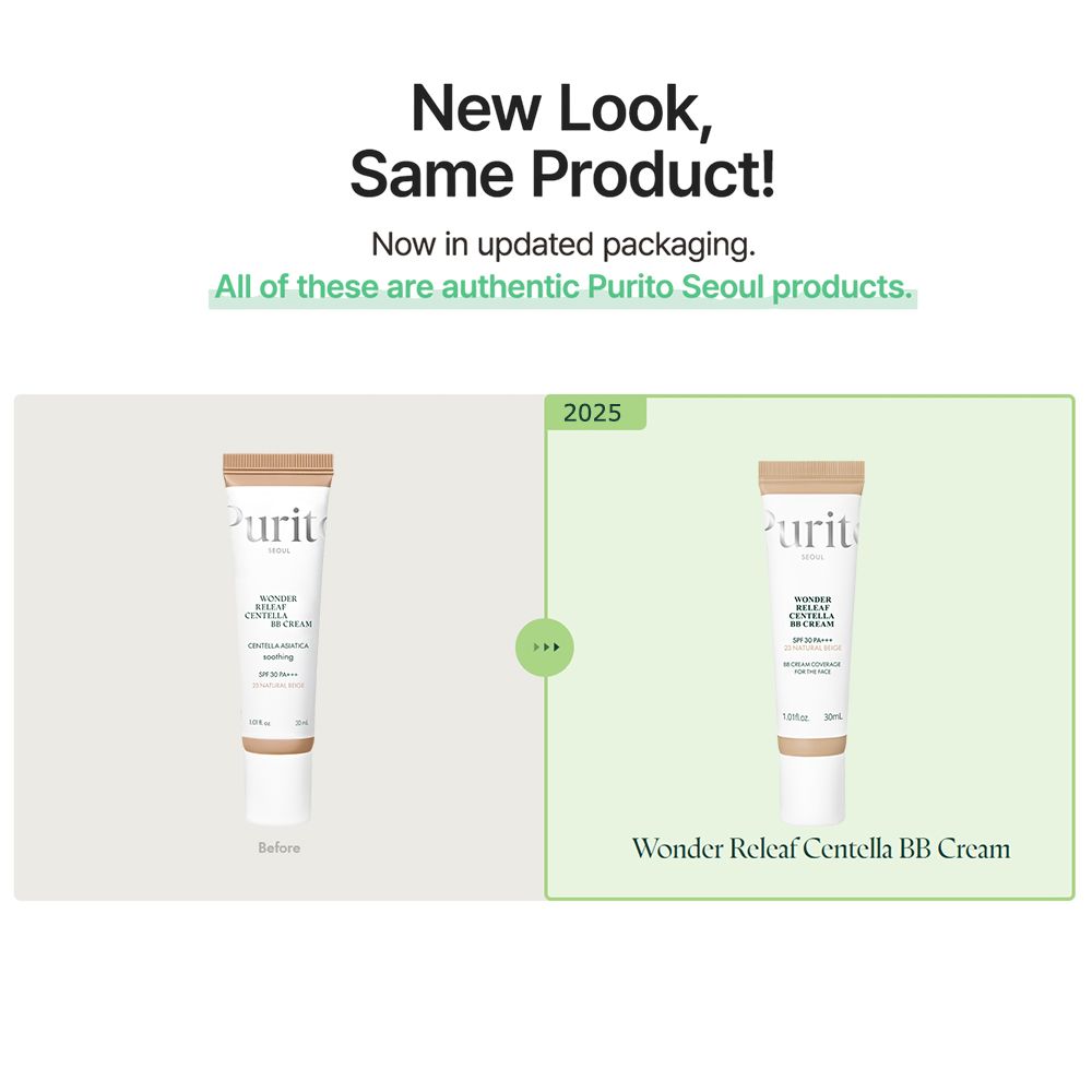 Vergelijking van verpakkingen van Wonder Releaf Centella BB Cream. Links: oude verpakking. Rechts: nieuwe verpakking. Tekst: 2025.