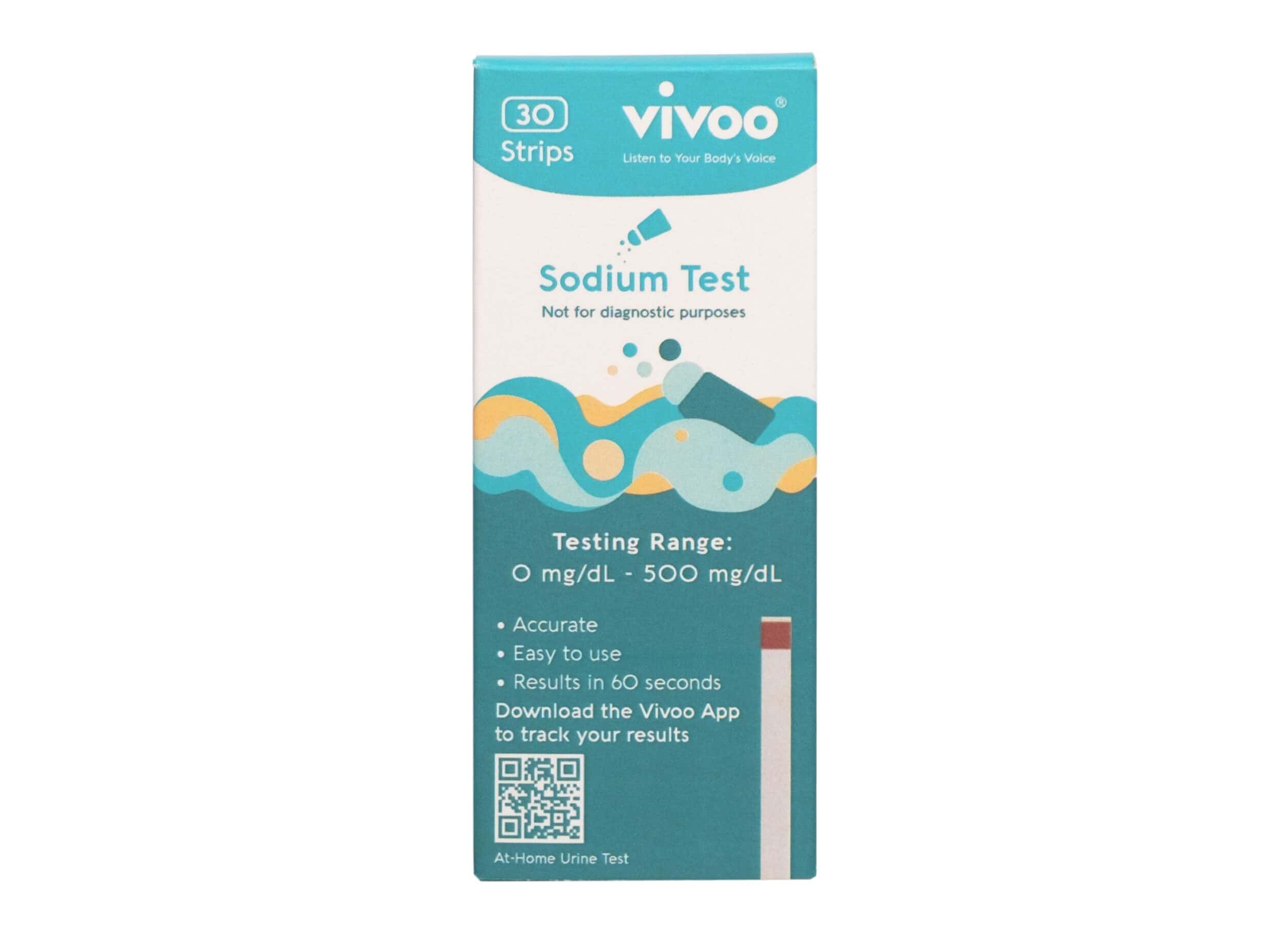 Verpakking van 30 Vivoo Natrium Teststrips voor thuisgebruik. Testbereik 0-500 mg/dL.