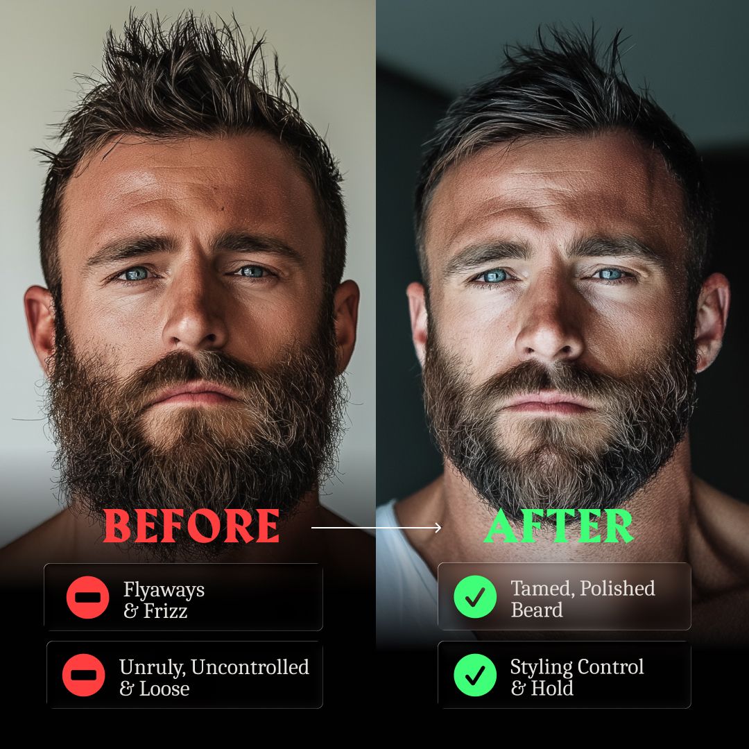 Image comparative d'un homme barbu : avant négligé, après taillé et coiffé.