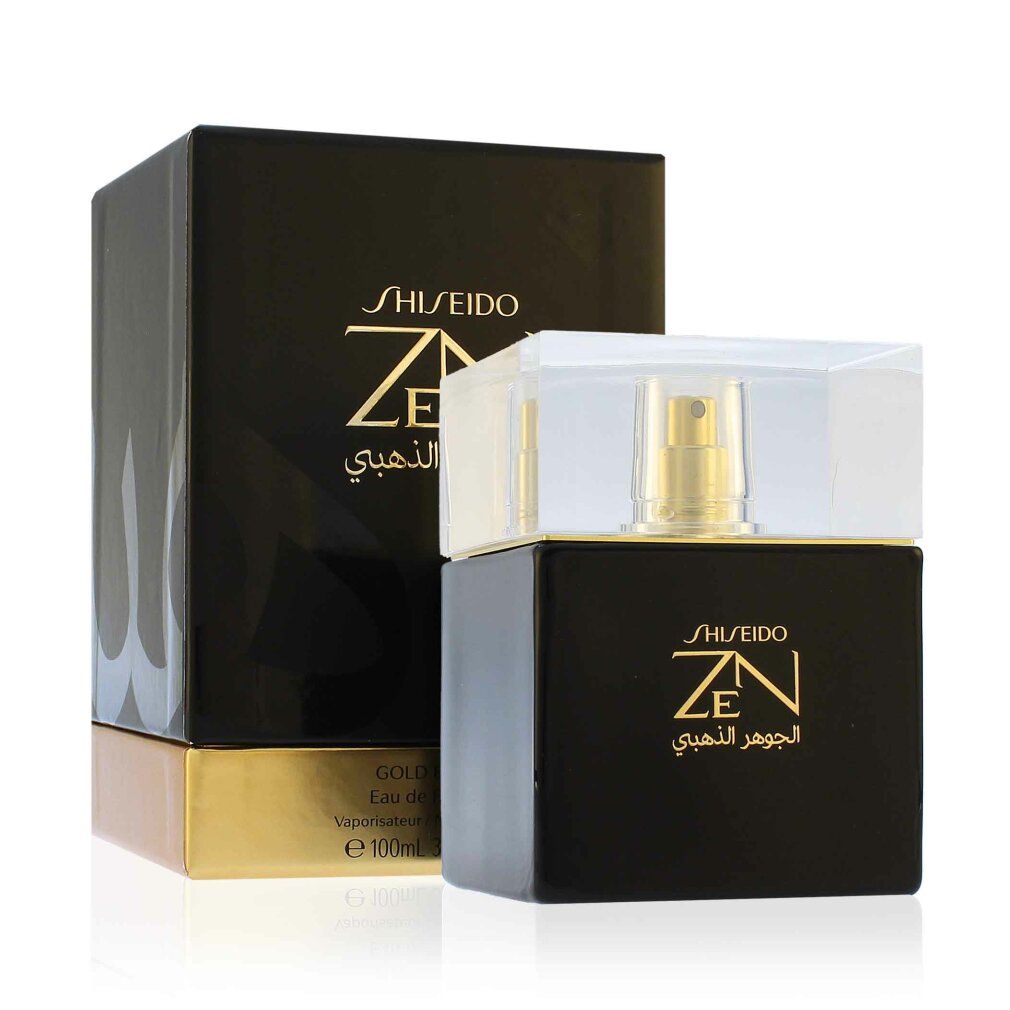 Zwarte flacon met gouden verstuiver en dop. Zwarte verpakking met gouden tekst. Shiseido Zen Elixir De Oro.