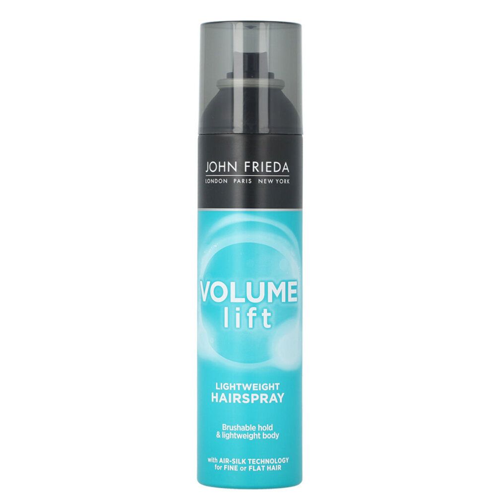 John Frieda Volume Lift Hairspray. Flacon pulvérisateur turquoise et noir. Texte: Volume Lift, Lightweight Hairspray.