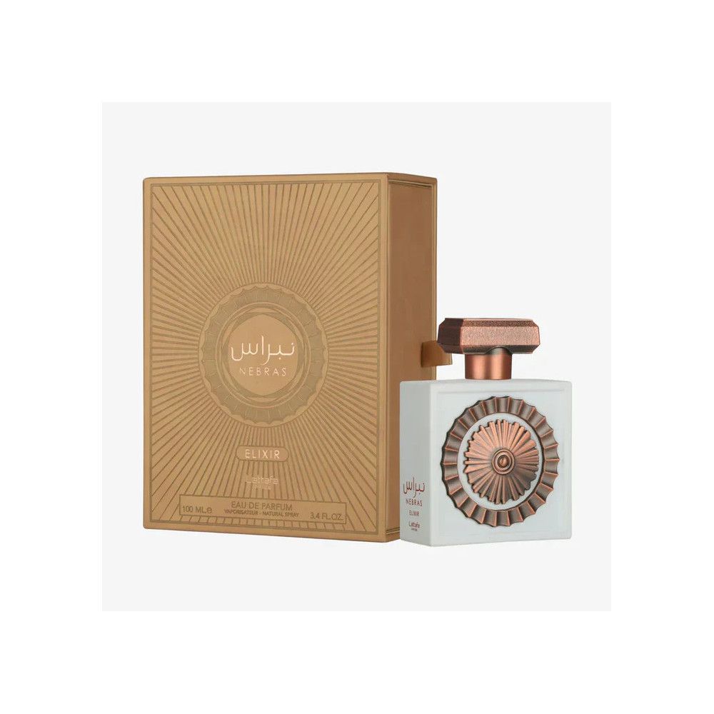 Flacon de parfum et emballage. Flacon blanc avec décor cuivré. Emballage doré avec inscription arabe.
