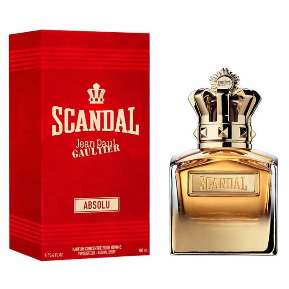 Boîte rouge et flacon doré. Flacon avec couronne et inscription "SCANDAL". Emballage à côté.