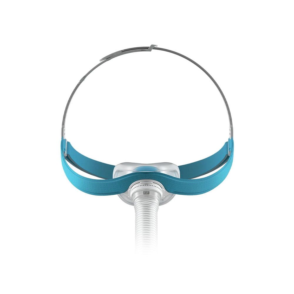 Masque nasal avec bandeau bleu et raccord de tube, vue de face.