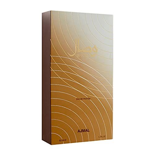 Ajmal Wisal Eau De Parfum Vaporisateur voor dames, gouden verpakking met golvend patroon.