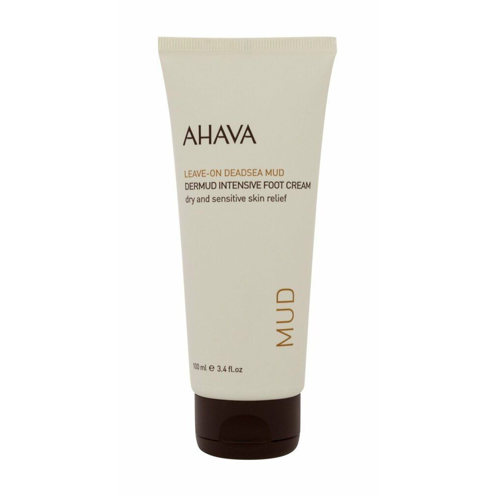 Tube de crème avec logo AHAVA, LEAVE-ON DEADSEA MUD, Dermud Intensive Foot Cream. Inscription : dry and sensitive skin relief.