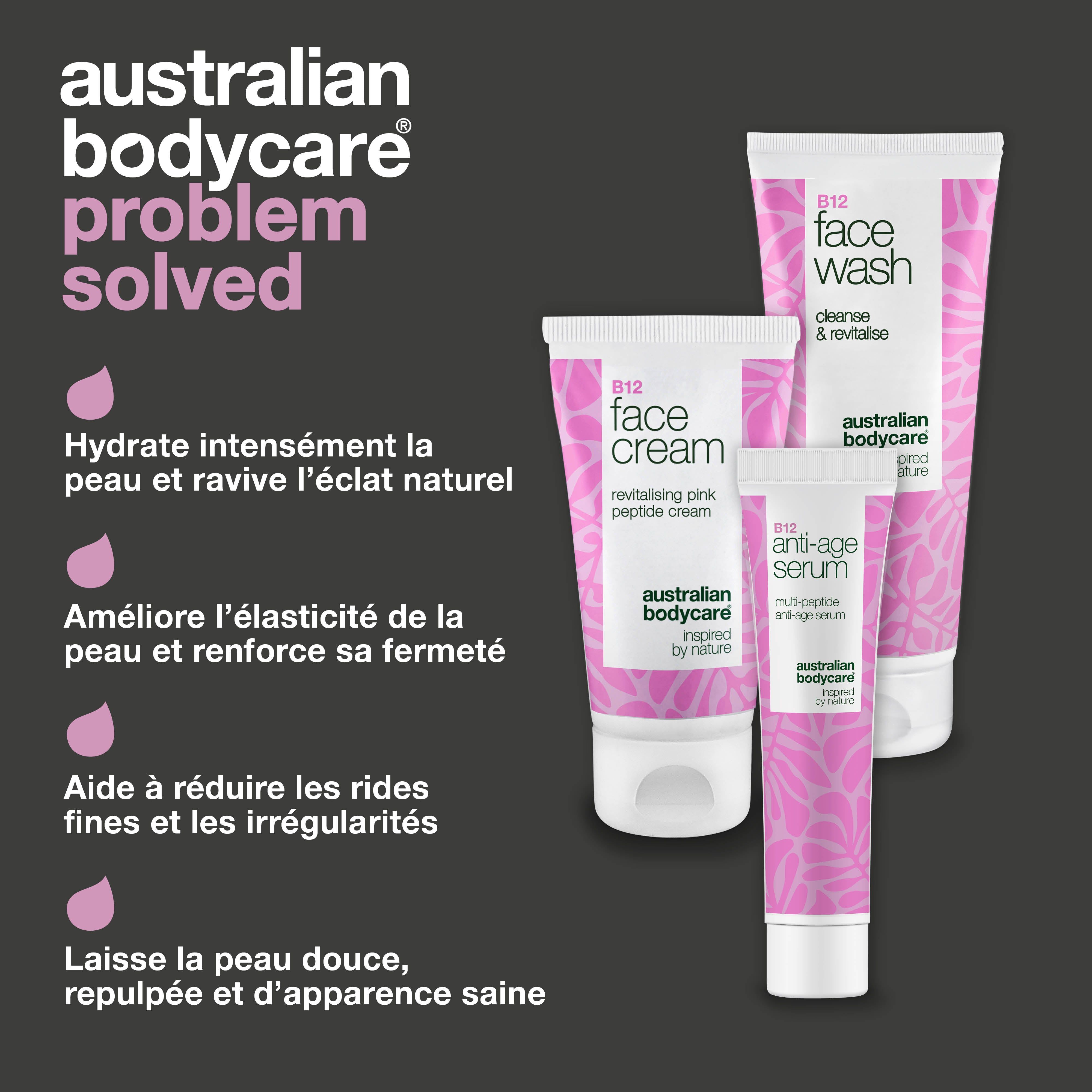 Trois tubes Australian Bodycare : Face Wash, Face Cream, Anti-Age Serum. Texte : Problème résolu. Fond rose.