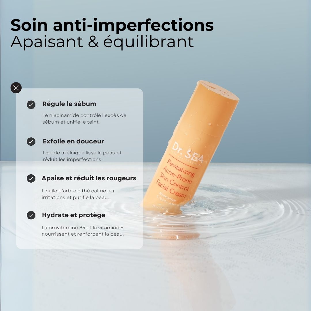 Tube de crème dans l'eau. Texte : Régule le sébum, exfolie en douceur, apaise et réduit les rougeurs, hydrate et protège.