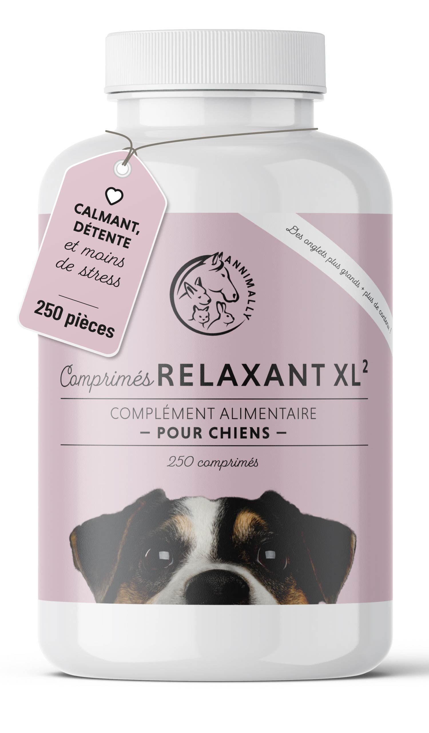 Flacon de comprimés. Inscription: RELAXANT XL². 250 pièces. Étiquette rose avec logo et chien. Étiquette avec texte.