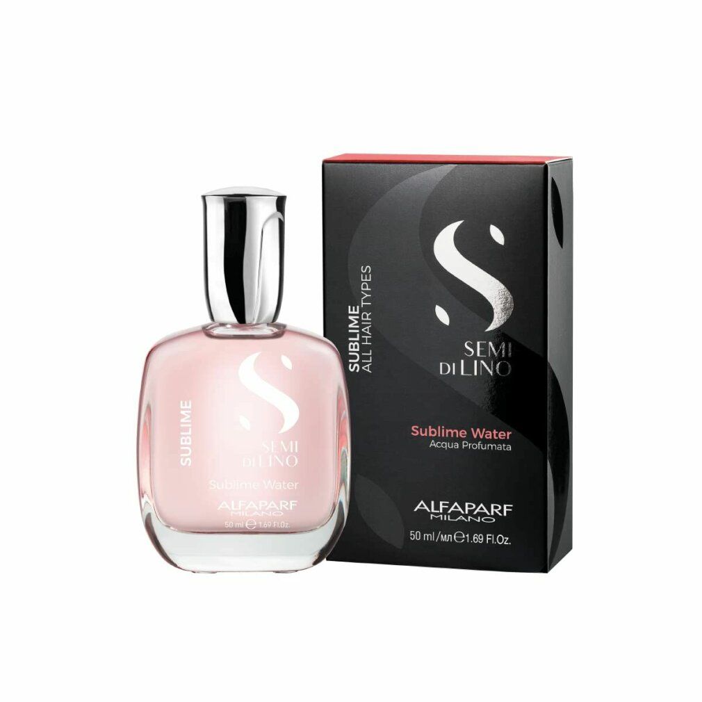 Flacon rose et bouchon argenté, avec emballage noir. Inscriptions: Sublime, Semi di Lino, Alfaparf Milano. Contenance: 50 ml.