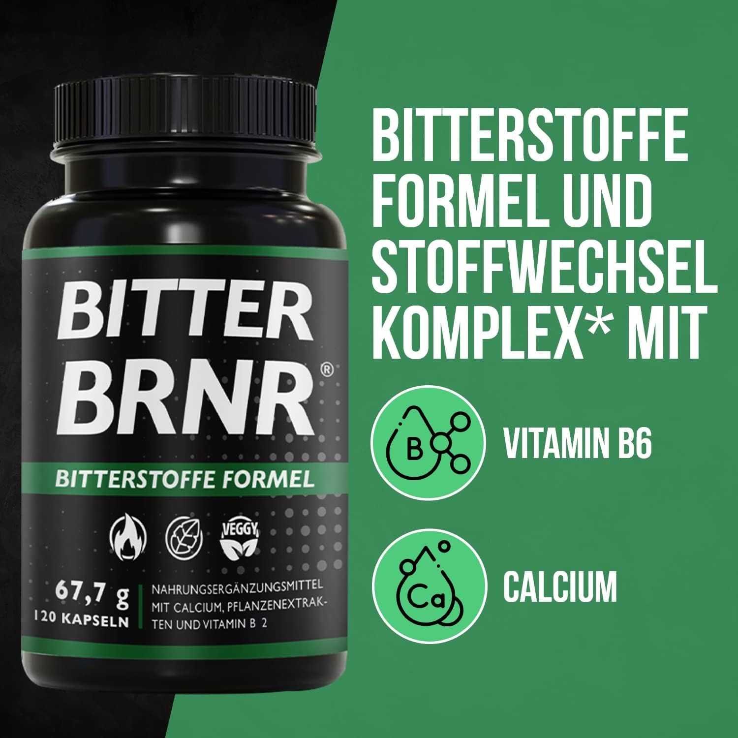 Flacon noir de gélules. Inscription: BITTER BRNR, Bitterstoffe Formel und Stoffwechsel. Avec vitamine B6 et calcium.