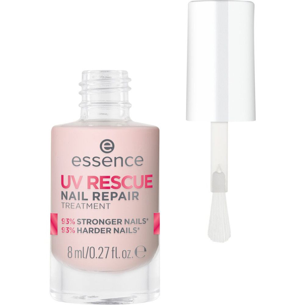 Essence UV Rescue Nagelreparatieverzorging met geopende dop en kwastje. Lichtroze flesje, 8ml.