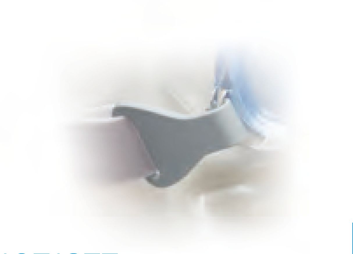 Grijze, ergonomisch gevormde handgreep met een blauwe rol op de achtergrond.