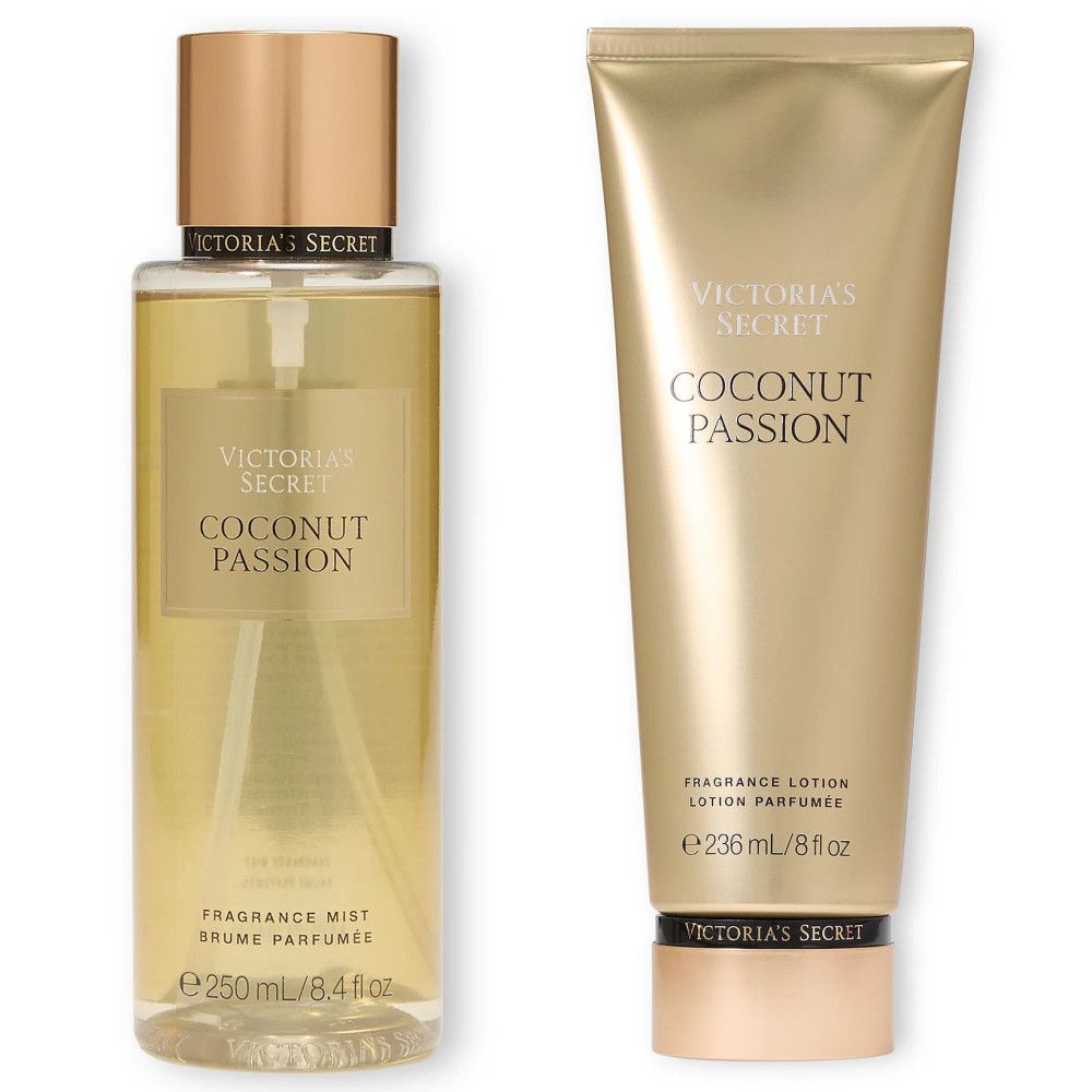 Twee gouden flacons. Links: spray met "Coconut Passion". Rechts: lotion met "Coconut Passion".