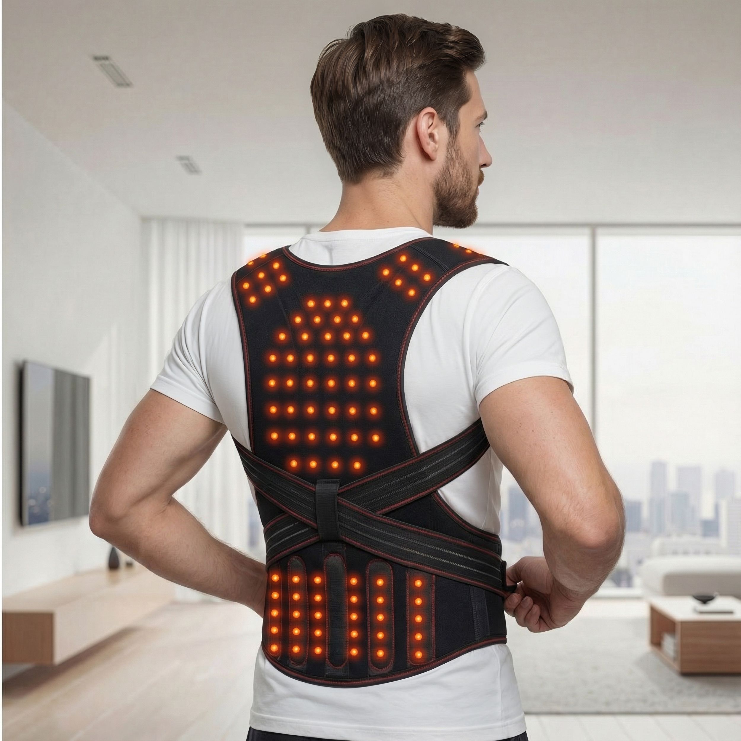 Homme portant une ceinture dorsale noire avec des lumières orange. Vue arrière. En intérieur.
