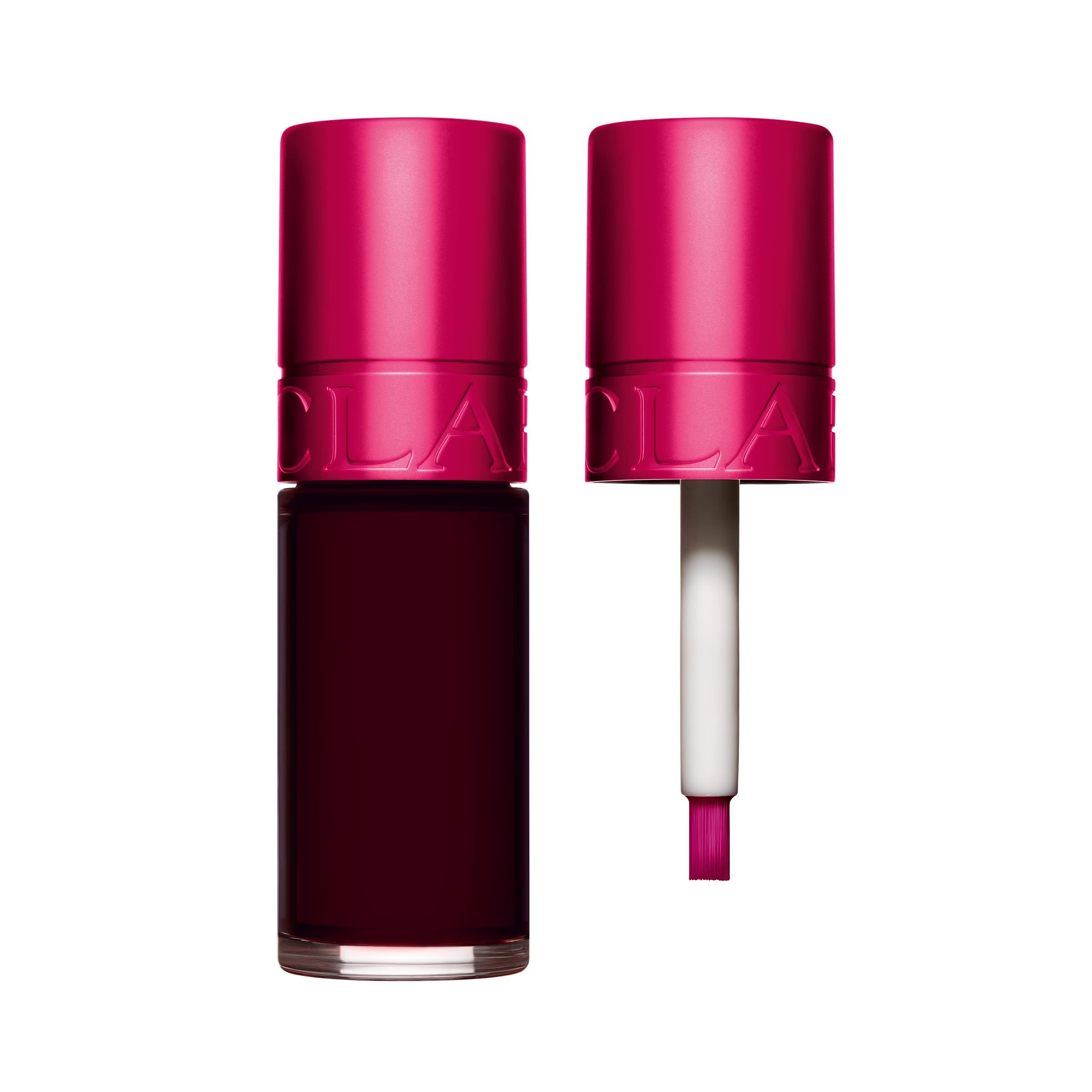 Clarins Water Lip Stain fles, geopend. Applicator zichtbaar. Donkerrode vloeistof.