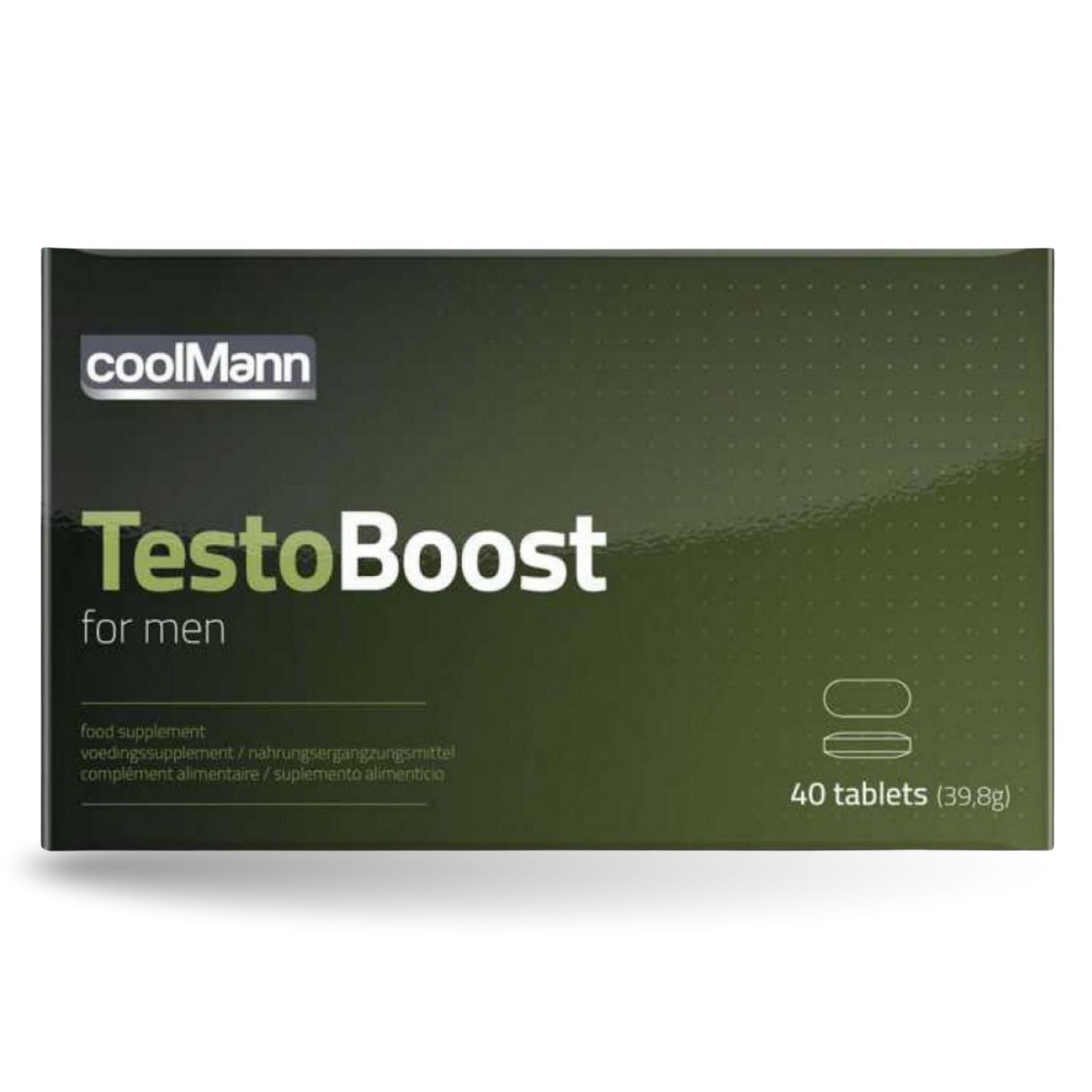 Doos Coolmann TestoBoost voor mannen. Bevat 40 tabletten. Groen en wit ontwerp.