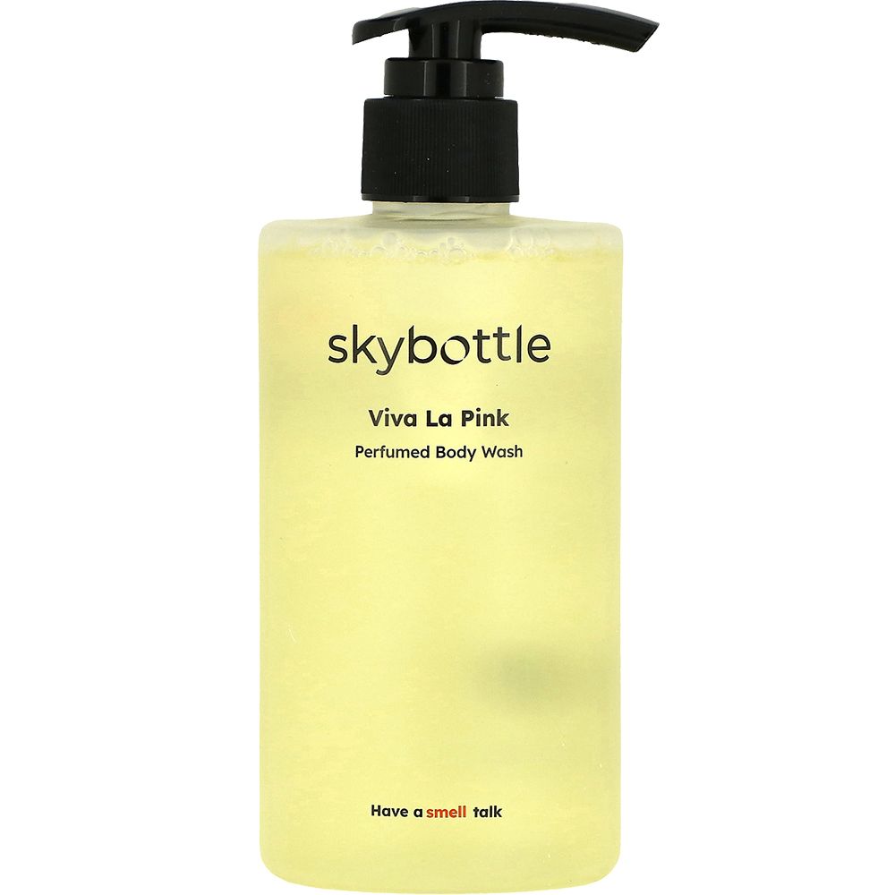 Rechthoekige fles gele douchegel met zwarte pomp. Opschrift: skybottle, Viva La Pink, Perfumed Body Wash.