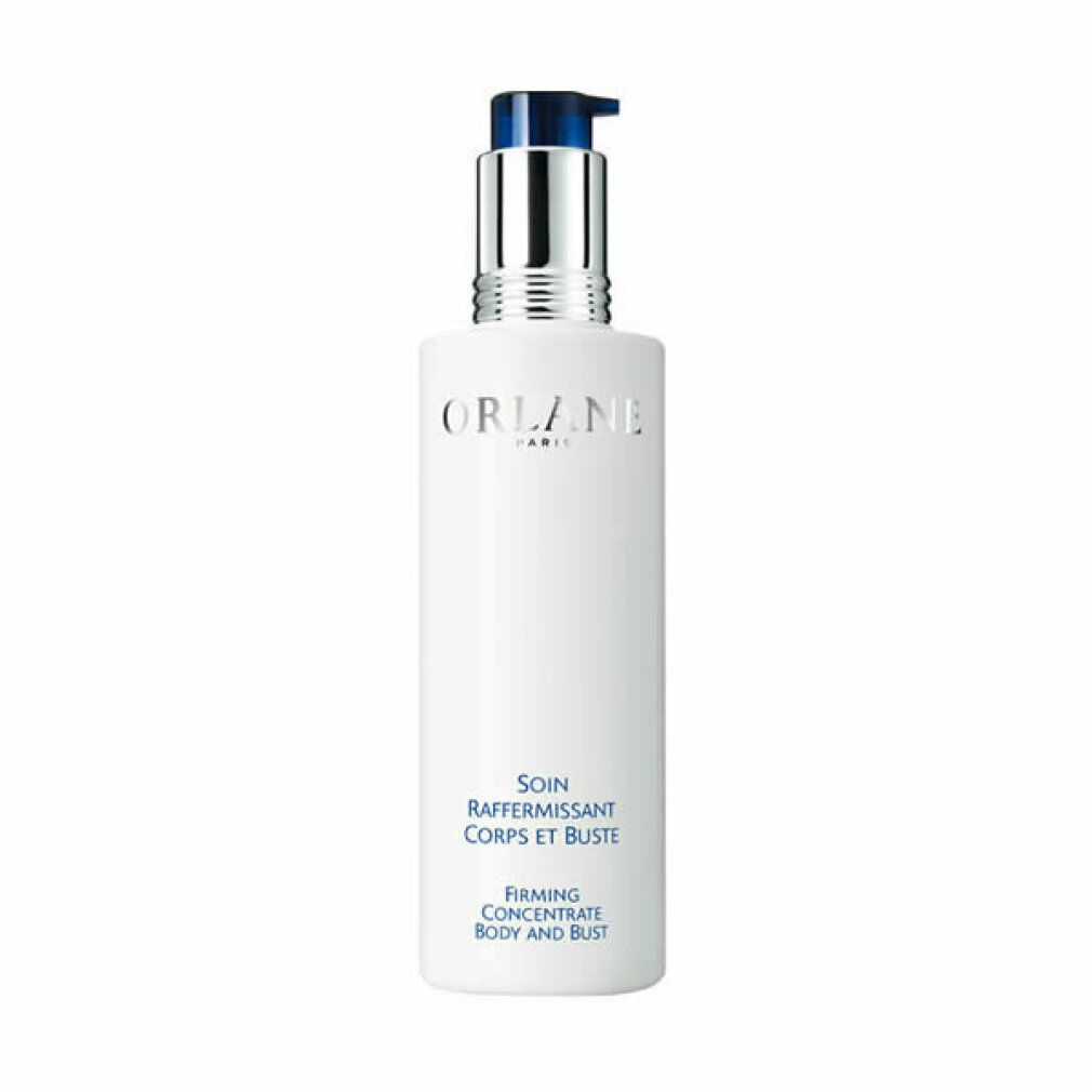 Flacon blanc avec pompe, inscription "ORLANE PARIS" et "Firming Concentrate Body and Bust".