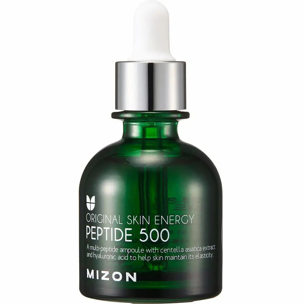 Groene glazen fles met witte dop en pipet. Opschrift: ORIGINAL SKIN ENERGY PEPTIDE 500, MIZON.