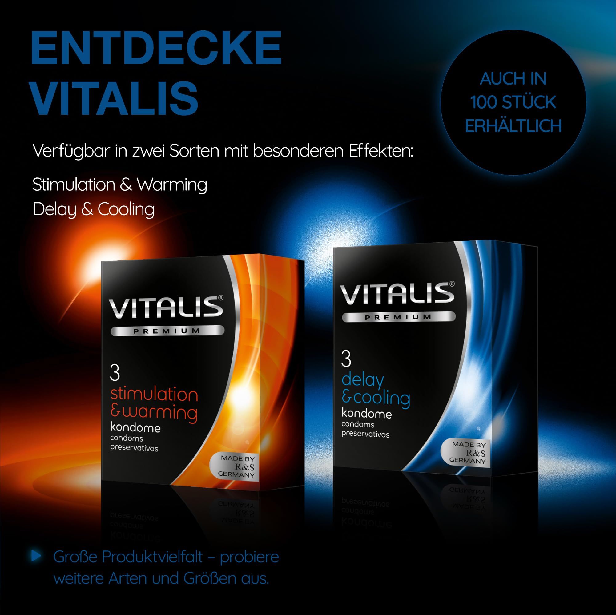 Préservatifs Vitalis: Variétés Delay & Cooling et Stimulation & Warming. Aussi disponible en lot de 100.