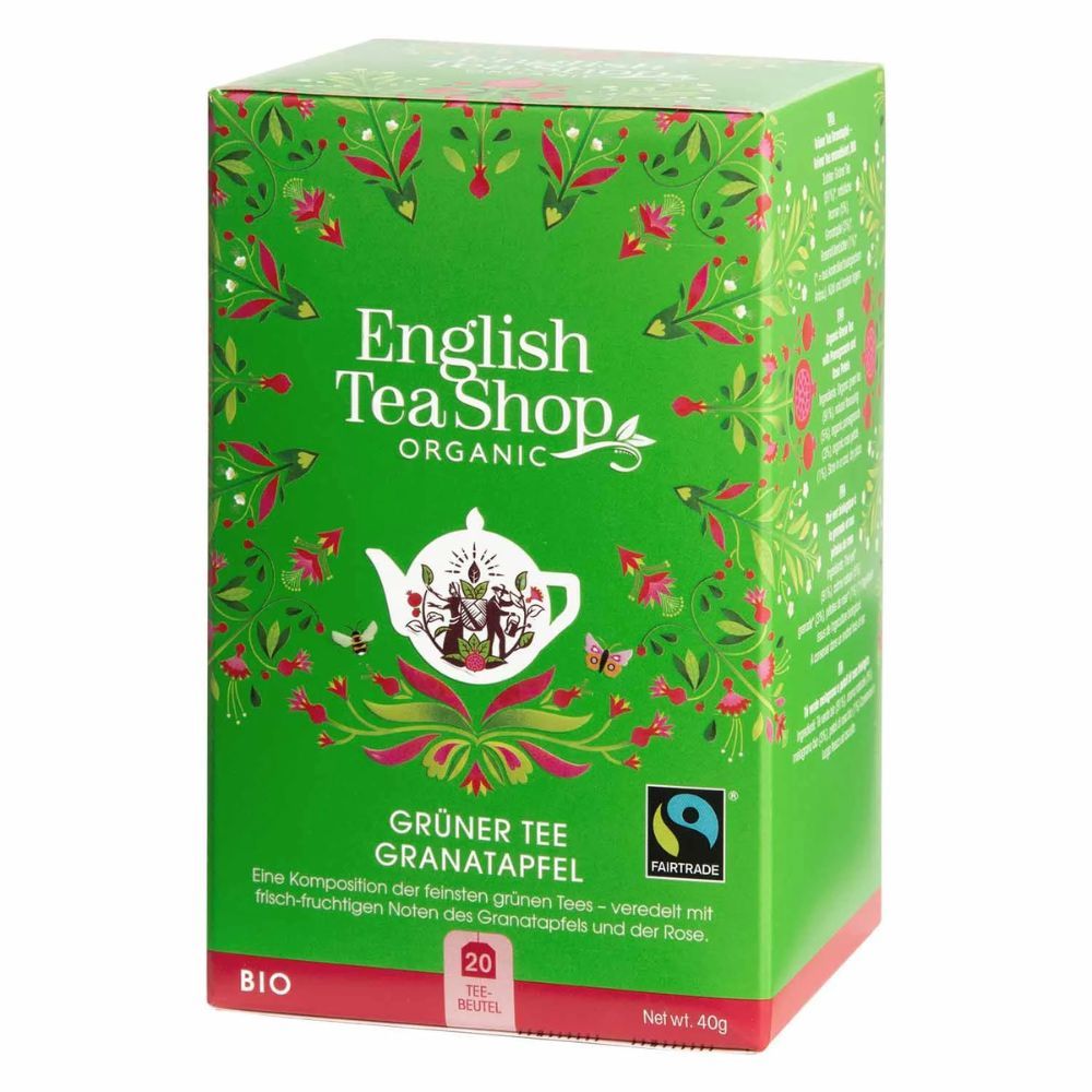 Emballage vert. Inscription: English Tea Shop Organic. Grüner Tee Granatapfel. 20 sachets de thé. Bio. Fairtrade.