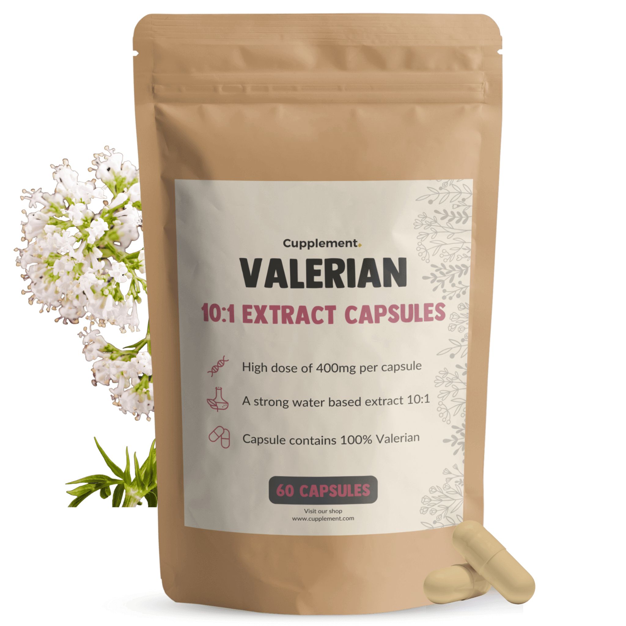 Sachet de gélules d'extrait de valériane 10:1. 60 gélules. Fleurs de valériane et gélules à côté.