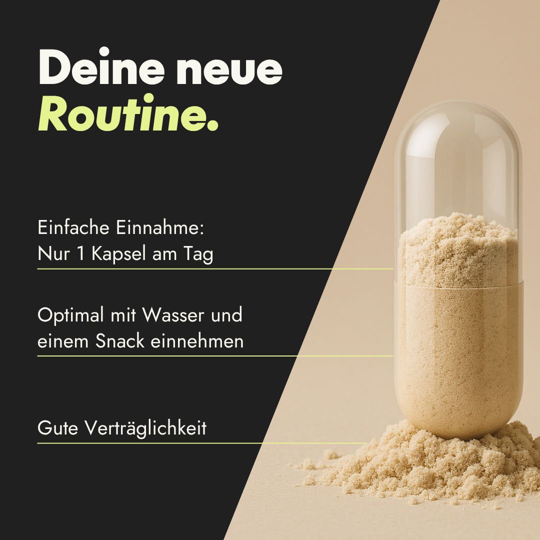 Capsule met inhoud. Tekst: Je nieuwe routine. Gemakkelijk in te nemen: Slechts 1 capsule per dag. In te nemen met water en een snack.