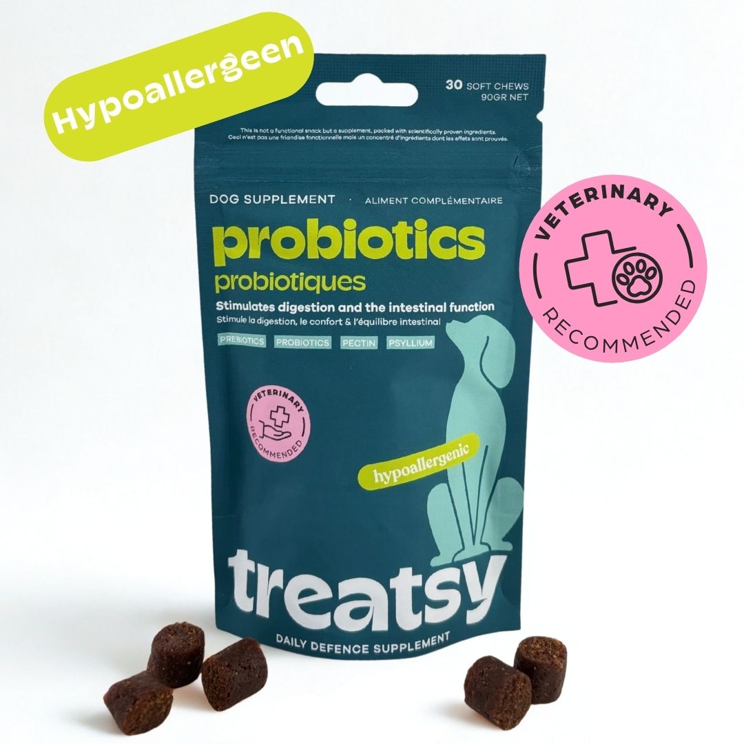 Zakje probiotica voor honden. 30 zachte kauwsnacks. Hypoallergeen. Aanbevolen door dierenartsen.