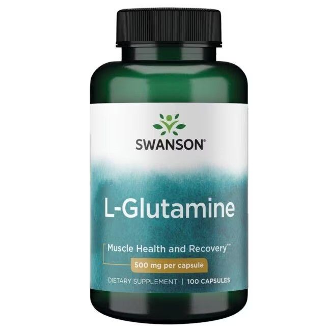 Flacon vert avec étiquette blanche. Inscription: SWANSON L-Glutamine, 500 mg par capsule. 100 capsules. Santé musculaire et récupération.