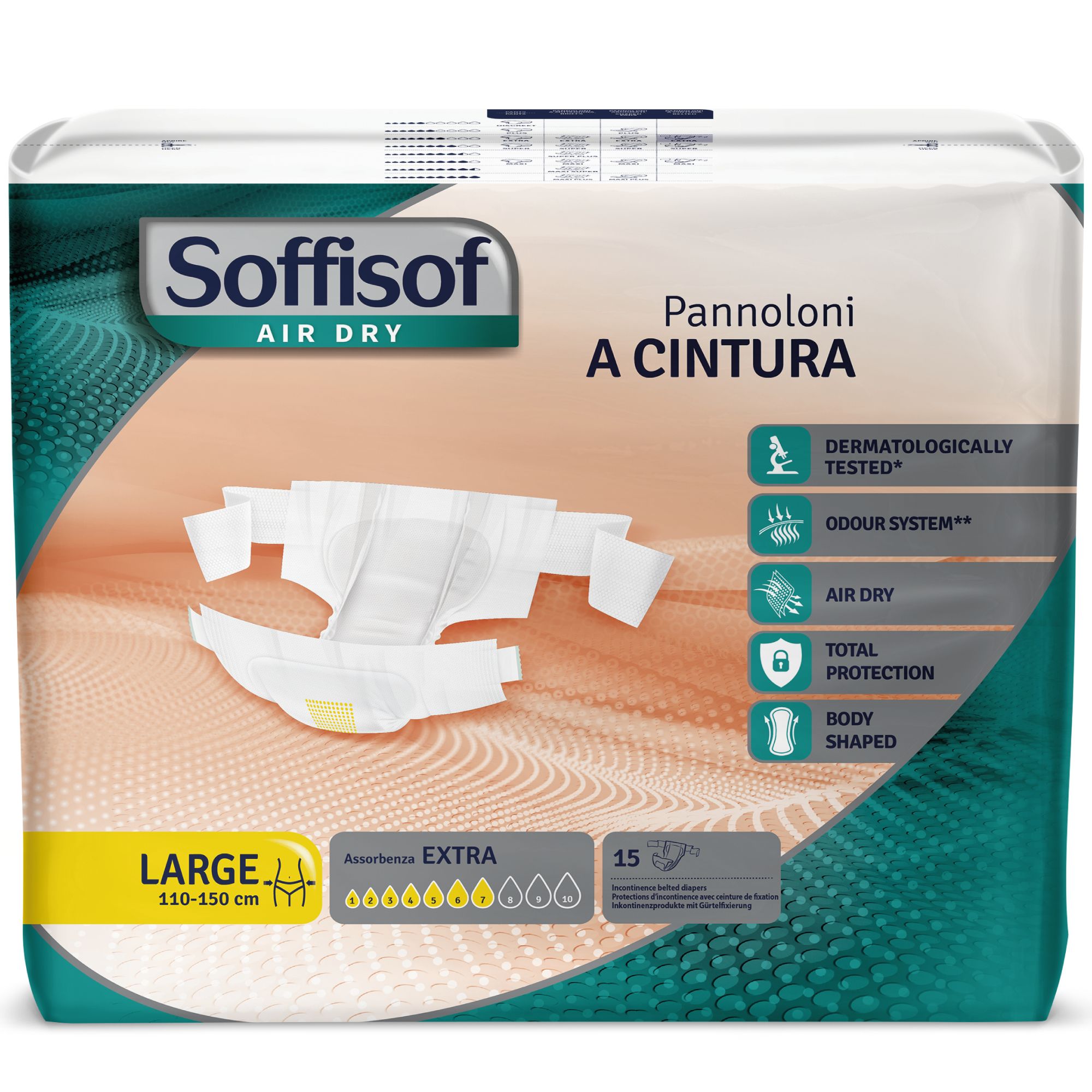 Paquet de Soffisof avec ceinture extra. Taille Large, 110-150 cm. 15 pièces. Protection contre l'incontinence.
