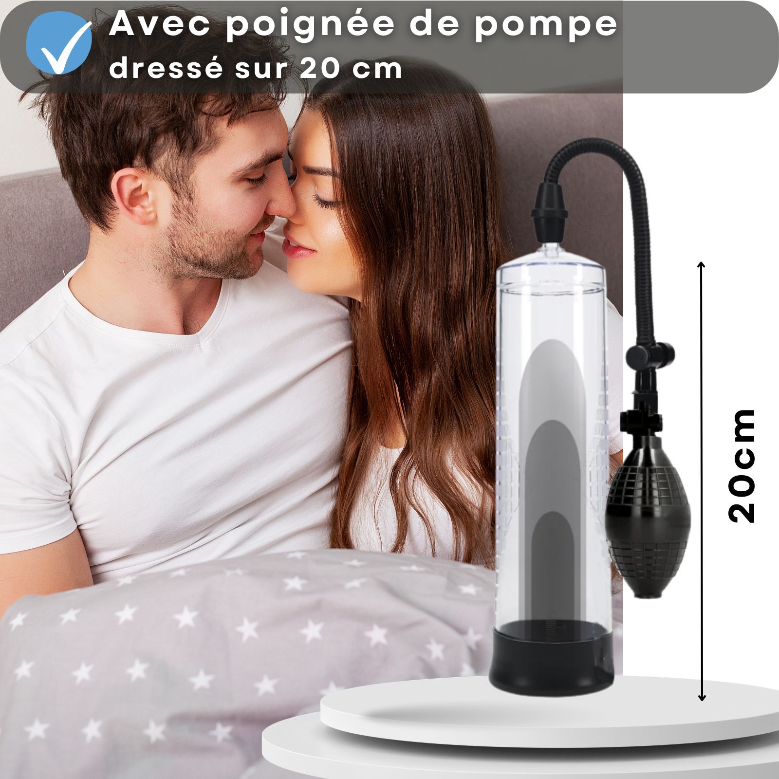 Pompe à pénis avec poire, transparente. Texte: 20 cm érigé, aide à l'érection.