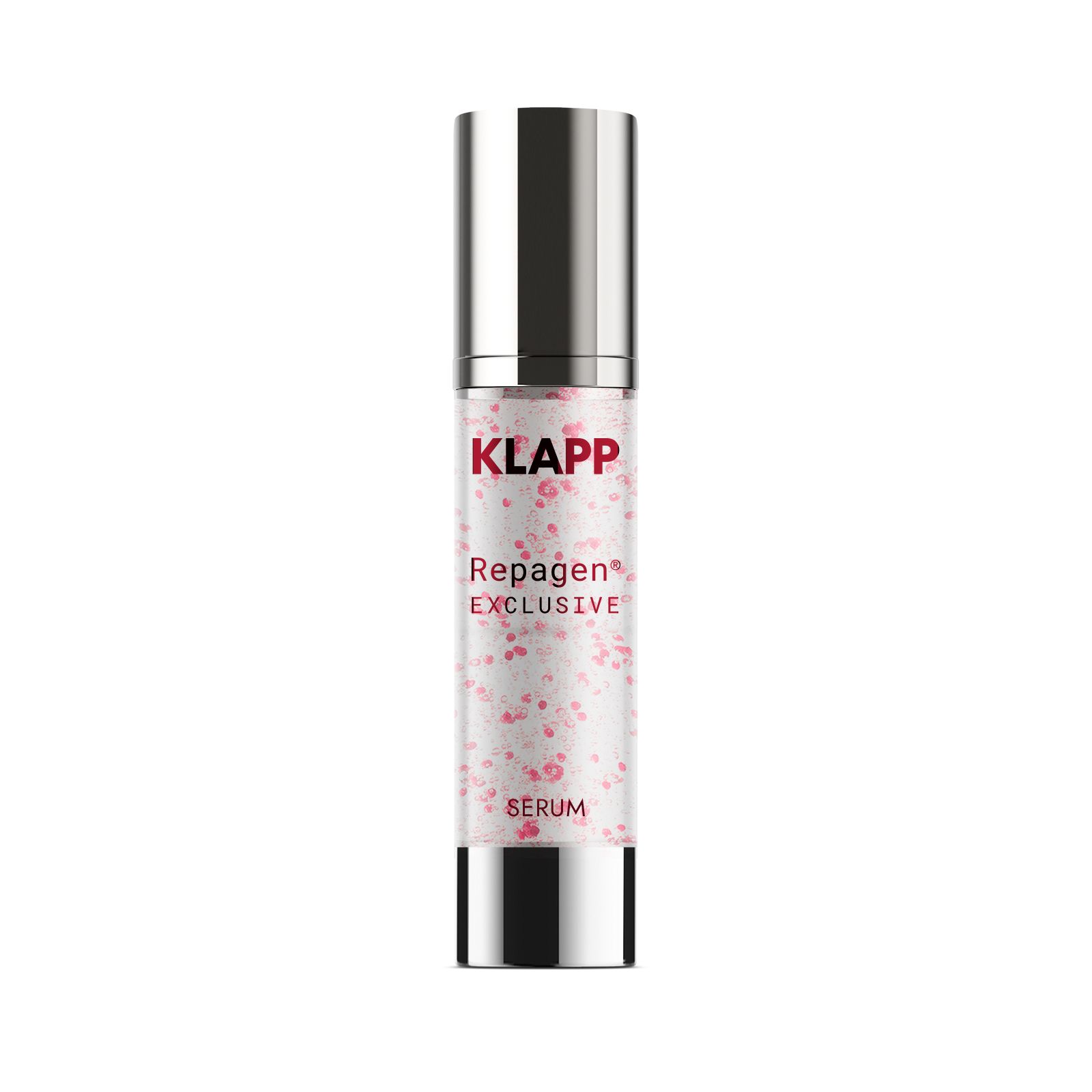 Cilindrische fles met zilveren dop en bodem. Tekst: Klapp, Repagen Exclusive Serum. 50 ml 1.7 FL.OZ.U.S.