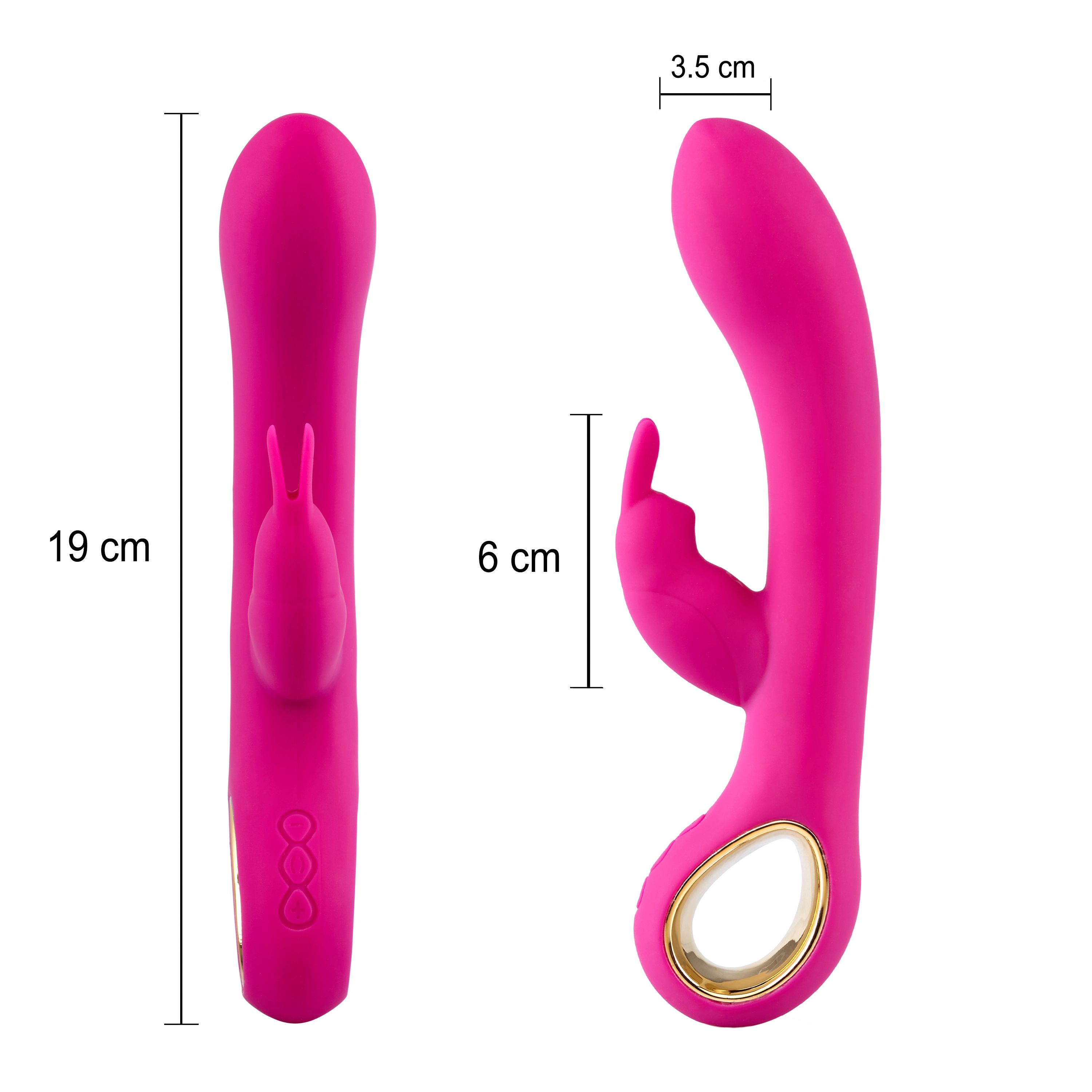 Vibrateur rose avec oreilles de lapin. Dimensions: 19 cm de long, 6 cm de large, 3,5 cm d'épaisseur. Détails dorés.