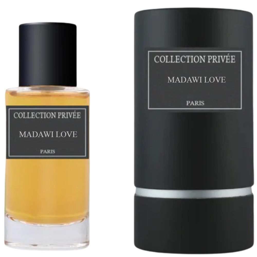 Flacon de parfum et emballage cylindrique. Bouchon noir et étiquette avec texte: COLLECTION PRIVÉE, MADAWI LOVE, PARIS.