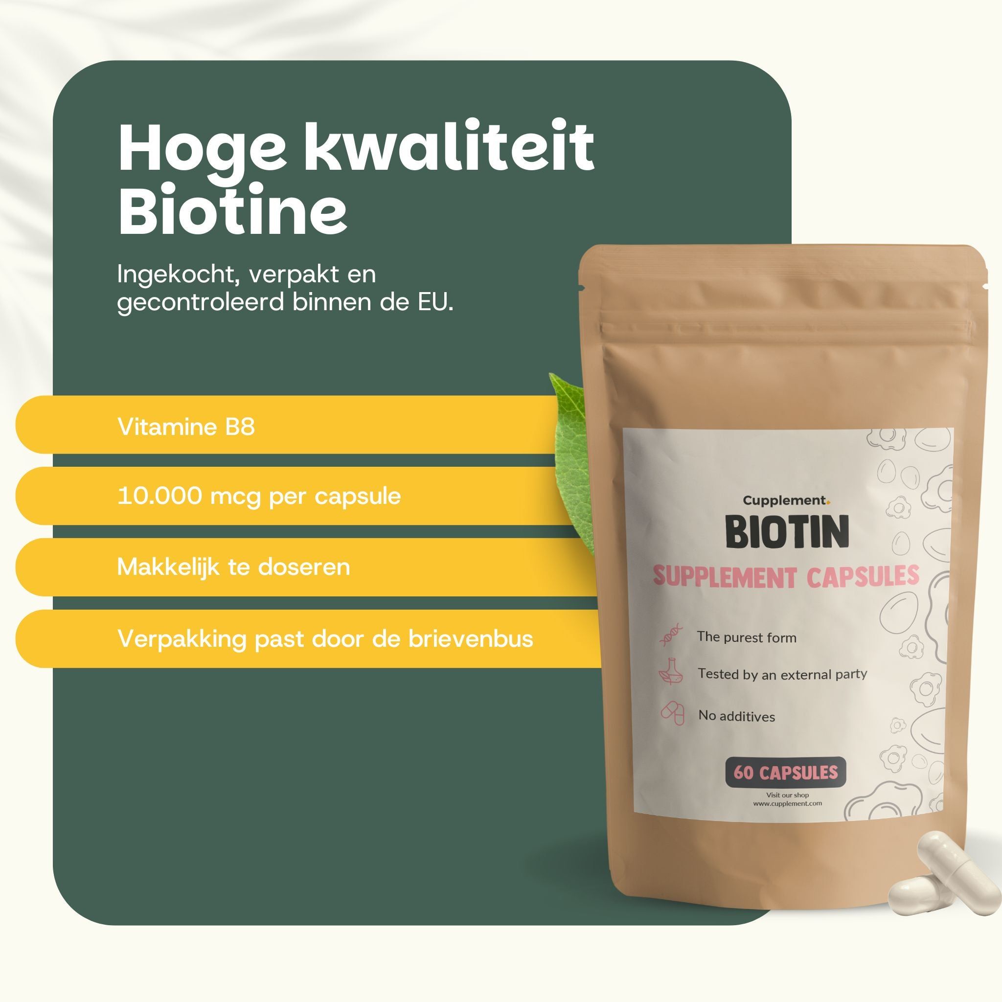 Zakje met biotine capsules. Tekst: Cupplement, Biotin, 60 capsules. Voordelen: Vitamine B8, 10.000 mcg per capsule, gemakkelijk te doseren.